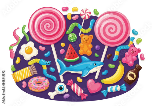 Assortment of colorful candy, lollipop, gummy, and sweet treat illustration on a dark background