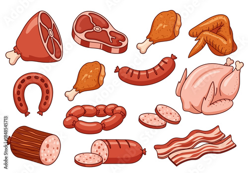 Collection of various raw and processed meat products including steak, chicken leg, sausage, bacon, and whole poultry