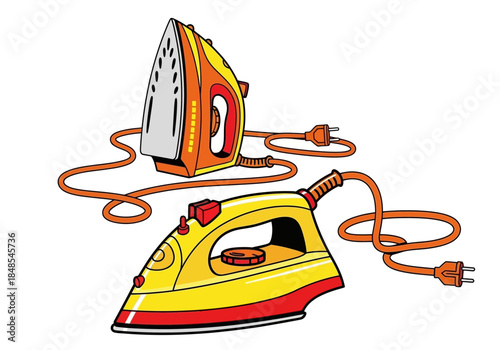 Two colorful cartoon electric clothes irons with attached power cords drawn on a for laundry concept