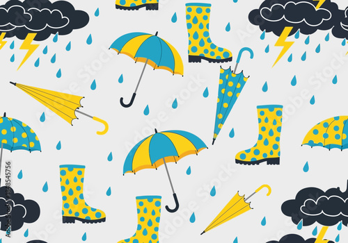 Seamless pattern with yellow and blue rain boots, umbrellas, dark storm cloud, lightning, and falling rain drop on