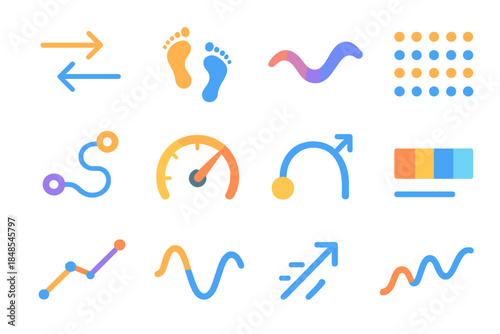 Dynamic Pace Icons. Changing Pace flat set: shifting arrows, varied step icons, dynamic wave, alternating dots, flexible path, momentum shift, pace dial, transition arc, speed