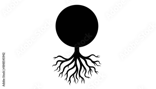 Black circle tree with intricate roots, symbolizing growth, strength, and connection to nature.