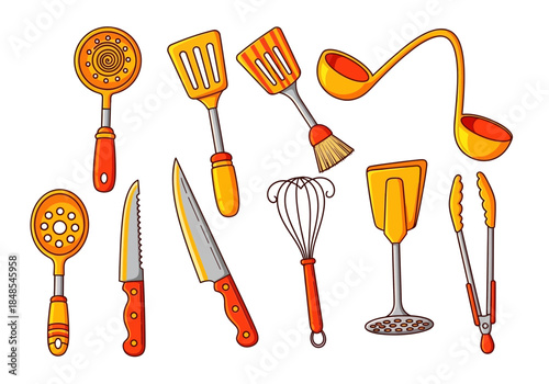 Collection of colorful kitchen utensil set including spatula, whisk, ladle, knife, and tongs