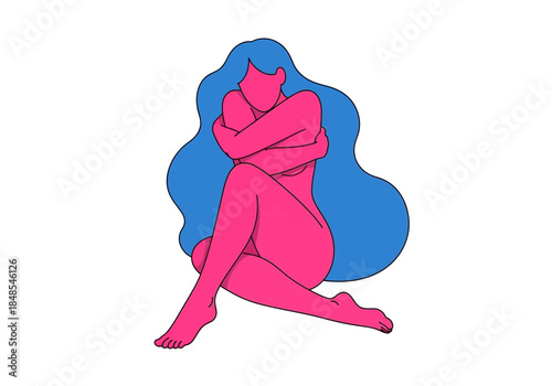 Stylized illustration of a woman with bright blue hair hugging herself in a vulnerable pose