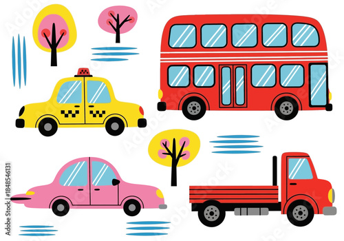 Set of cute cartoon vehicles including a double decker bus, taxi, car, and truck with stylized trees and abstract lines