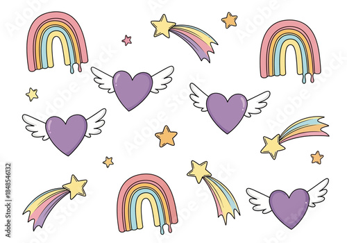 Set of cute pastel rainbow, flying purple heart, and shooting star doodle elements