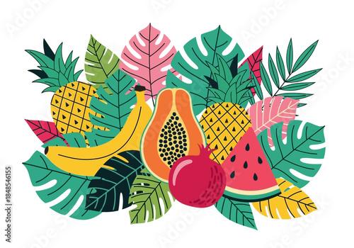 Vibrant tropical fruit arrangement featuring banana, papaya, pineapple, watermelon, and pomegranate surrounded by monstera leaf