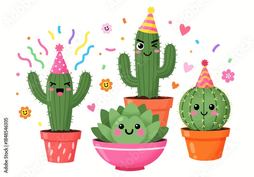 Cute cartoon group of happy birthday party cacti and succulent plants in flower pot
