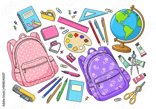 Collection of colorful school supply items including two backpacks, a globe, palette, ruler, and stationery