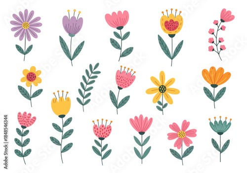 Collection of cute hand drawn colorful spring and summer flower icons with green stem and leaf