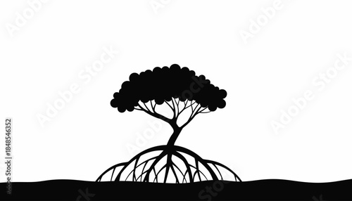 Stylized black and white illustration of a mangrove tree with exposed roots on a white background, representing nature's resilience and ecological balance.