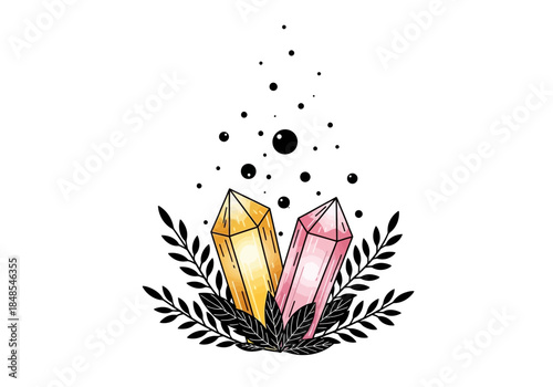 Watercolor illustration of two shining crystal quartz points, one yellow and one pink, surrounded by black botanical leaves and floating magic dust