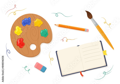 Art supplies flat lay featuring a wooden paint palette with colorful dabs, a paintbrush, a pencil, an eraser, and an open sketchbook