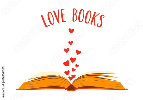 Open book with red hearts rising from the pages and the text love books above