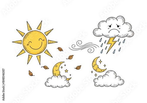 Cute hand drawn weather icons showing sun, moon, wind, and storm cloud with rain and lightning
