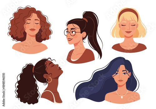 Set of five diverse women portrait illustrations with different hairstyle and skin tone