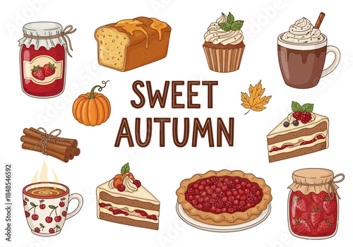 Collection of sweet autumn treats including pumpkin, pie, cake, jam, hot drink, and cinnamon sticks illustration