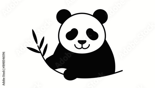 Cute cartoon panda bear holding bamboo branch, black and white illustration.