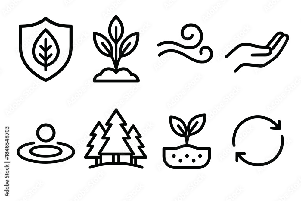 Fototapeta premium Environmental Icon Set. Environmental Protection Set linear set: green shield, native plant patch, clean air swirl, conservation hand, river ripple, forest emblem, soil health icon