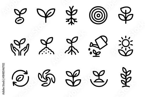 Organic Growth Icons. Organic Growth Icons linear set: sprouting seed, expanding leaves, branching roots, growth ring, nurturing hands, fertile soil mound, watering can, sunlight