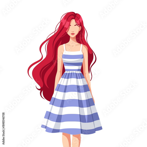 Beautiful young woman with long flowing red hair wearing a blue and white striped summer dress