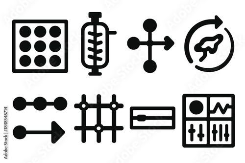 Bold Biotech Icons. Cell-based modular production silhouette set: cell culture tile, bioreactor bar, transcription node, protein arc, pathway controller icon, output strip,