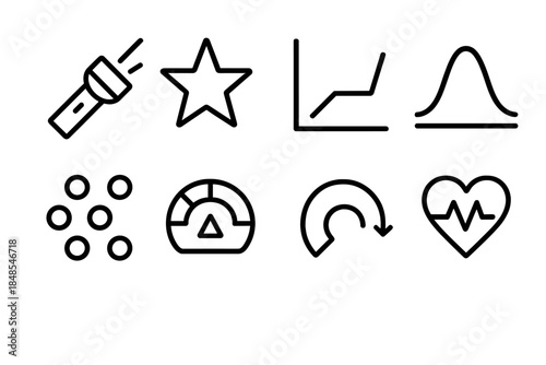 Health Data Concepts. Health Data Interpretation Concepts linear set: clarity beam, insight star, threshold line, variability curve, correlation dots, risk scale, progress arc,