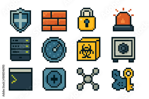 Cybersecurity Icons Collection. Cyber Defense Suite pixel style set: shield emblem, firewall wall, encrypted lock, intrusion alert beacon, secure server rack, threat radar, malware