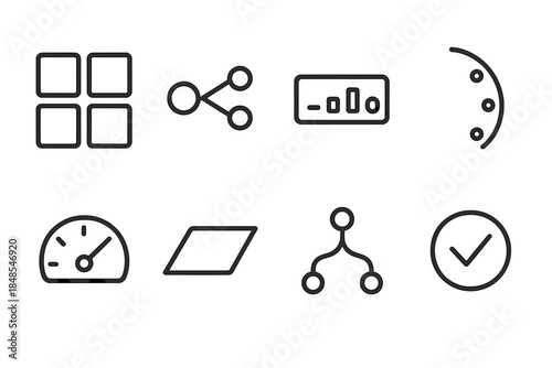 Abstract Decision Model Icons. Structured decision models linear set: option cluster tile, branch node, evaluation bar, criteria arc, weight gauge, decision strip, outcome path,