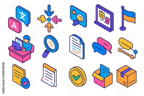 Language Coordination Icons. International Language Coordination isometric flat set: language pair symbol, collaboration hub icon, reference board, translator desk, reviewer lens,