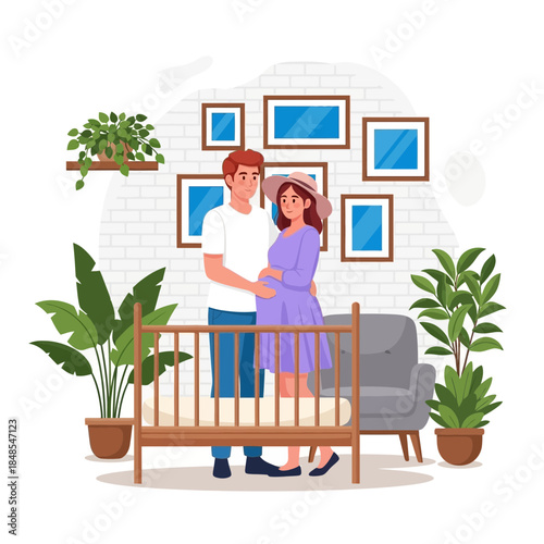 Happy pregnant couple standing together near a wooden baby crib in a bright room with houseplant decoration