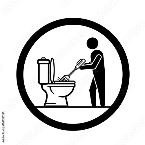 Black and white icon depicting a person cleaning a toilet bowl with a brush inside a circular frame