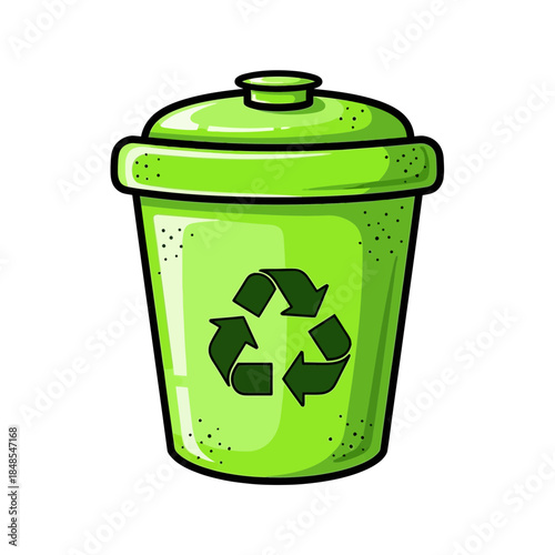 Hand drawn illustration of a green recycling bin with universal recycle symbol for environmental concept