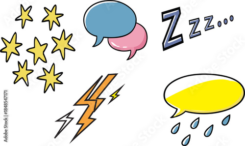 Diverse Collection of Cartoon Graphic Elements Representing Emotions, Weather, Communication, and Sound Effects