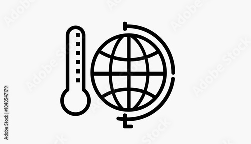 Global warming concept with thermometer and earth globe icon, representing climate change and environmental concerns.