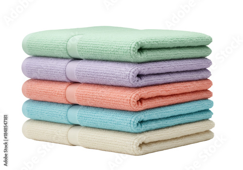 Stack of five pastel colored towels PNG isolated on transparent background, soft cotton cloths for bathroom or spa use