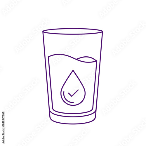 Outline icon of a glass of water with a droplet and checkmark inside, symbolizing pure, clean, or filtered drinking water