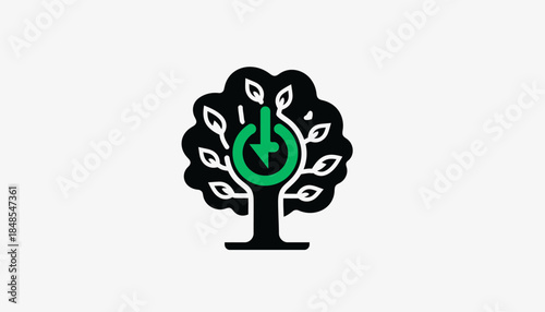 Green energy tree with power button icon, symbolizing sustainable technology and environmental conservation.