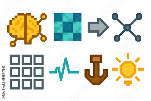 AI Cognition Icons. AI cognition set set of icons in flat pixel vector style: thought node, pattern recognition block, inference arrow, data association line, context grid, logic