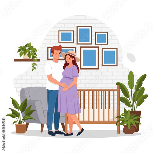 Happy pregnant couple standing together in nursery room near crib and armchair expecting baby arrival illustration