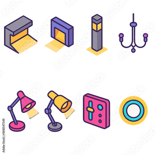 Modern Lighting Icon Set. Architectural Lighting Elements isometric flat set: cove light, step light, path bollard, chandelier outline, task lamp, adjustable spotlight, control