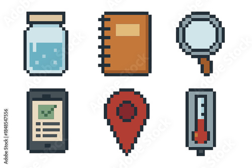 Pixel Art Science Icons. Citizen science tools pixel style set: sample jar, field notes, magnifier, mobile survey icon, location pin, simple sensor.
