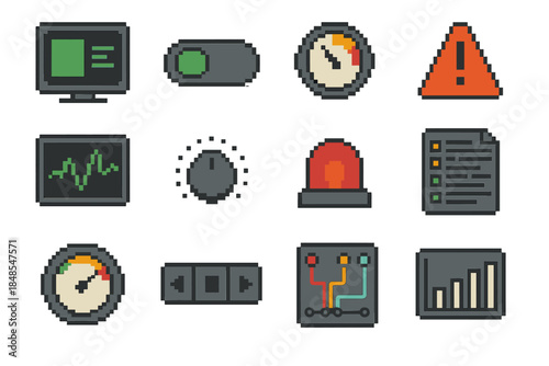 Control Panel Icons. Monitoring and Control Panels set of icons in flat pixel vector style: status screen, toggle switch, dial gauge, alert indicator, data graph, control knob,