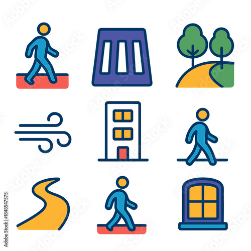 Urban Wander Icons. Urban Wander Icons flat set: city walkway, crosswalk pattern, building outline, tree-lined street, passing breeze, path curve, relaxed pace icon, window glow.