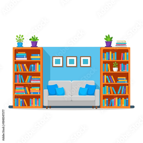 Cozy living room interior design with a comfortable sofa flanked by tall orange bookshelves filled with colorful book collection