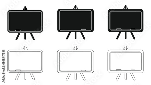 Three black and three white television sets with stands isolated vector illustration