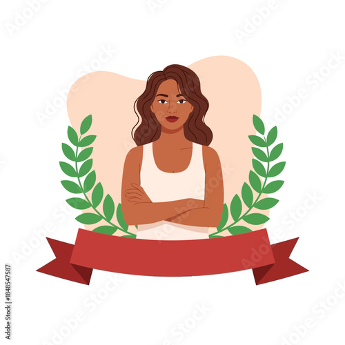 Portrait of a determined darkskinned woman with arms crossed, framed by laurel wreath and red banner