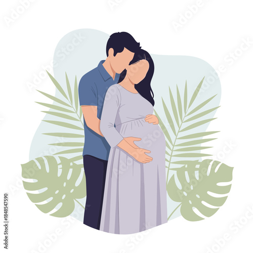 Loving couple embracing pregnant woman with large belly surrounded by tropical leaf silhouette illustration
