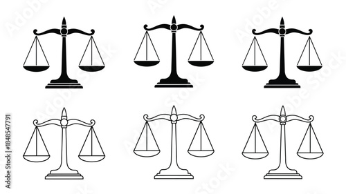 A collection of balance scales in black and white line art style