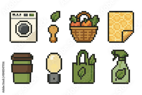 Eco-Friendly Icons. Earth-Friendly Home Choices set of icons in flat pixel vector style: energy-efficient appliance symbol, organic produce basket, beeswax wrap, wooden brush,